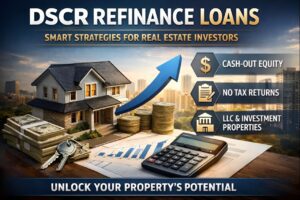 DSCR refinance loan illustration showing rental property, cash-out equity, calculator, and investment growth for real estate investors