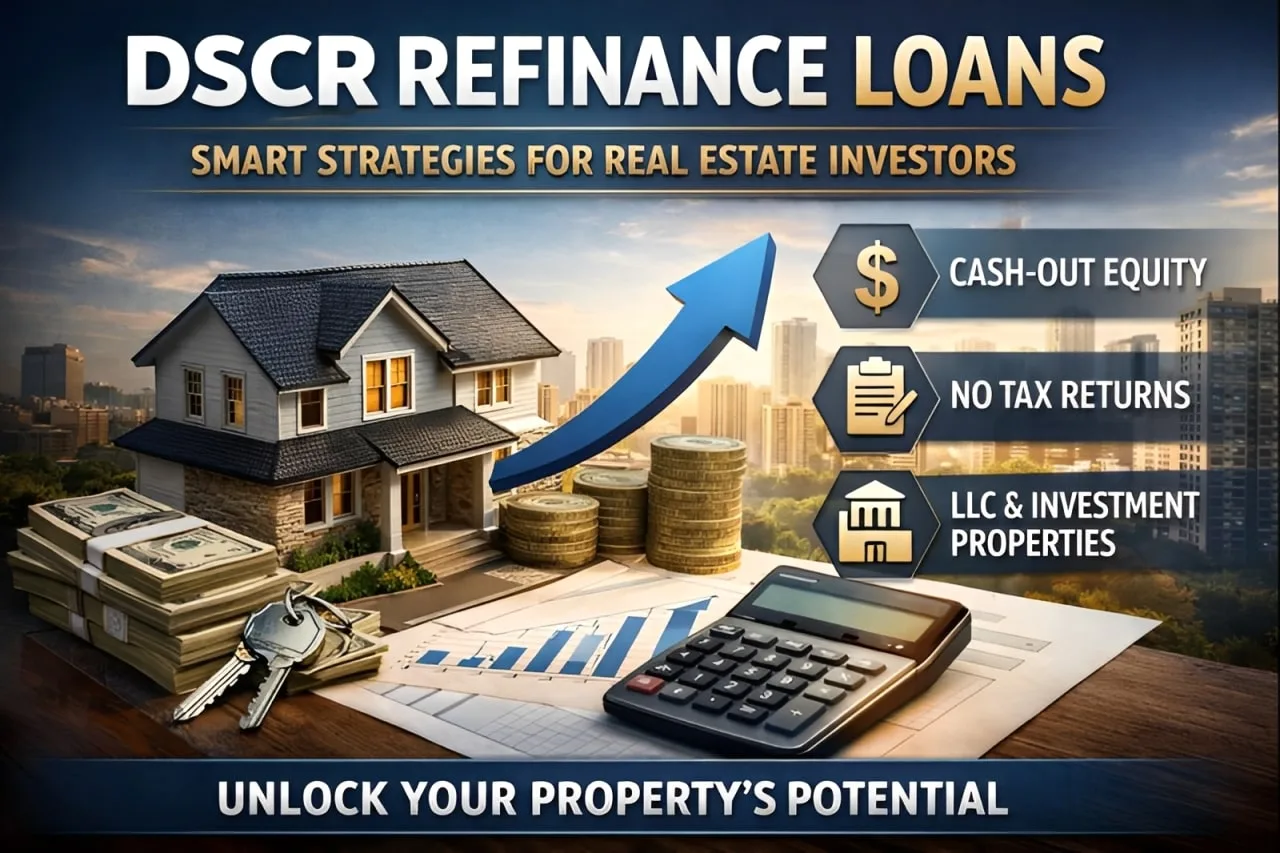 DSCR refinance loan illustration showing rental property, cash-out equity, calculator, and investment growth for real estate investors