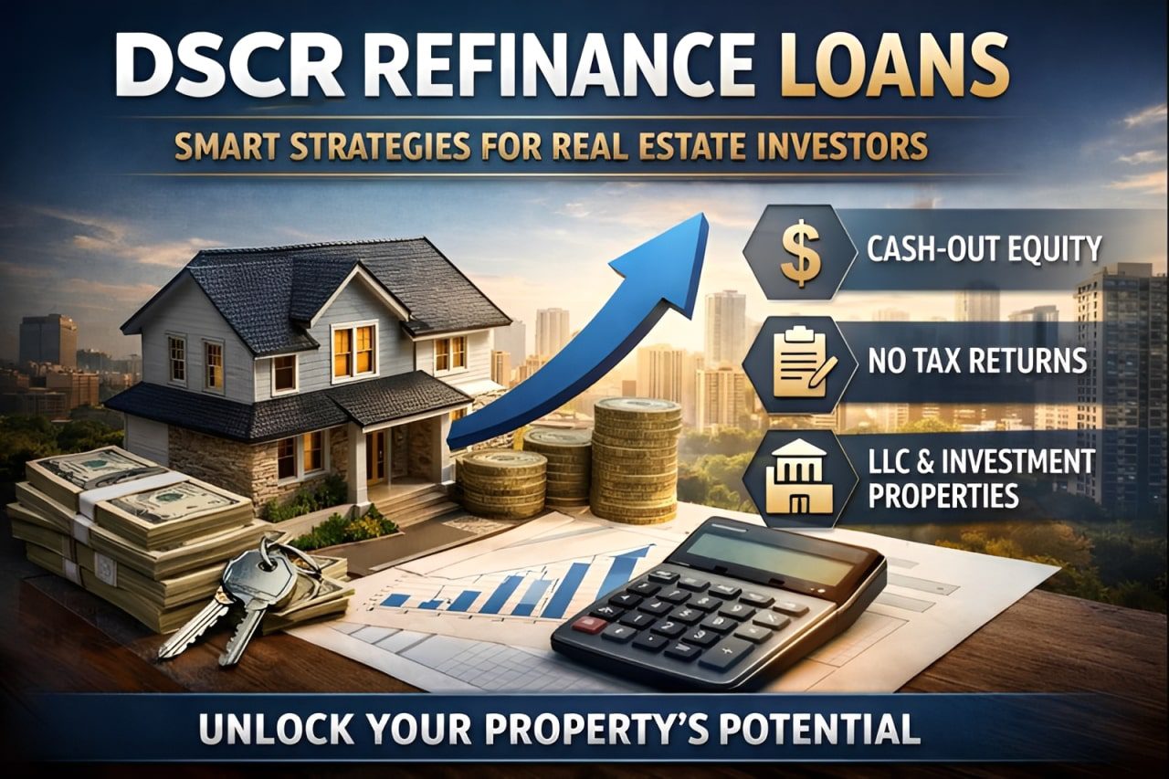 DSCR refinance loan illustration showing rental property, cash-out equity, calculator, and investment growth for real estate investors