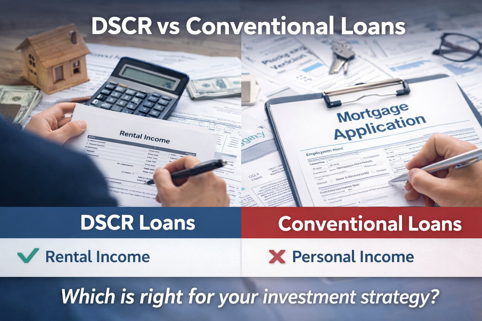 DSCR loans vs conventional loans comparison for real estate investors showing rental income qualification vs personal income mortgage requirements
