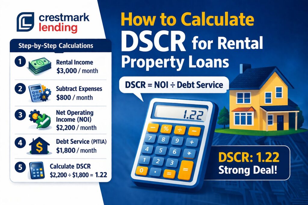 How to calculate DSCR for rental property loans example showing NOI, debt service, and 1.22 DSCR result