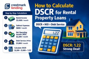 How to calculate DSCR for rental property loans example showing NOI, debt service, and 1.22 DSCR result