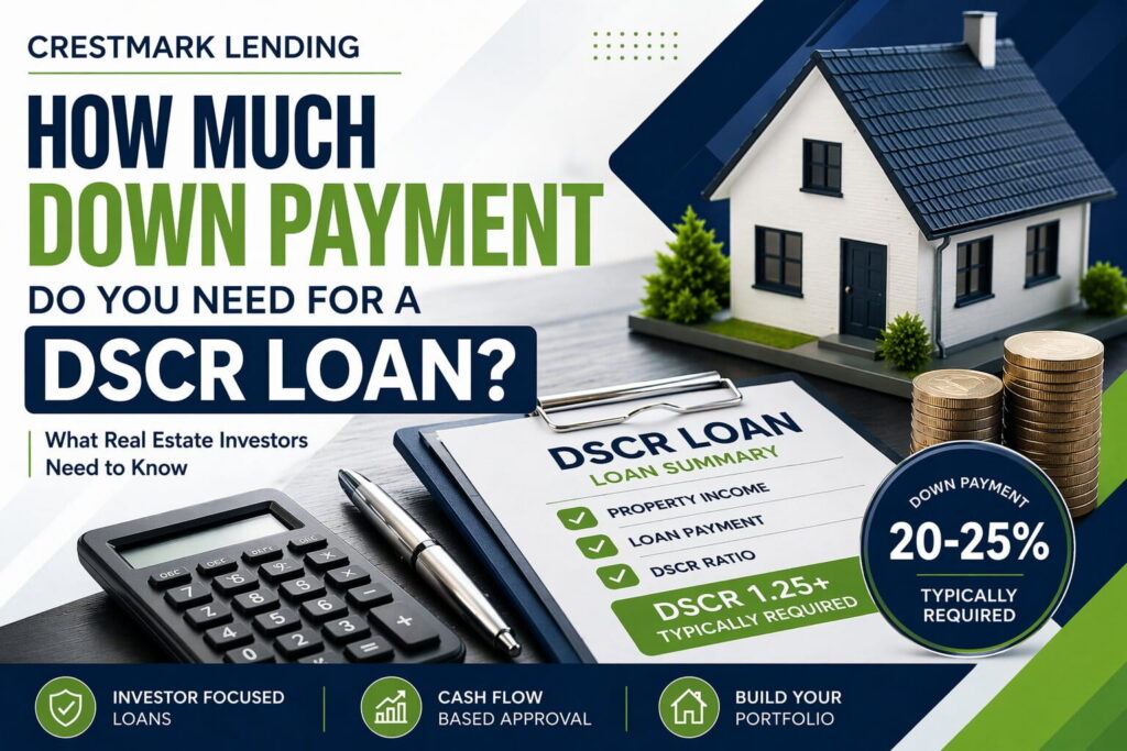 DSCR loan down payment requirements graphic showing 20-25 percent down with house model and investment property financing concept
