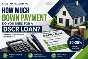 DSCR loan down payment requirements graphic showing 20-25 percent down with house model and investment property financing concept