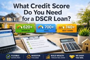 What credit score you need for a DSCR loan with visual ranges 620+, 700+, and 740+ over real estate investment scene