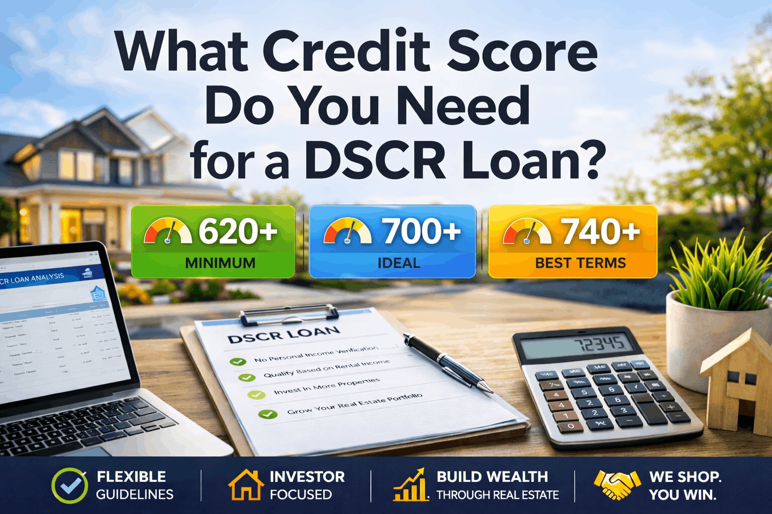 What credit score you need for a DSCR loan with visual ranges 620+, 700+, and 740+ over real estate investment scene