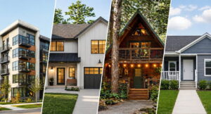 Modern apartment building, suburban home, cabin rental, and single-family house representing diverse real estate investment properties