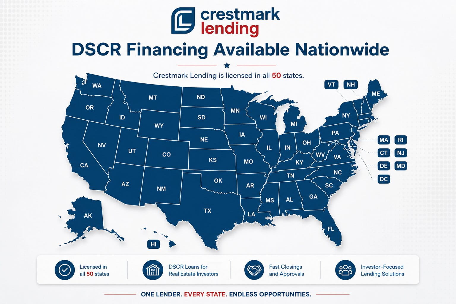 Crestmark Lending is a national DSCR lender servicing all 50 states.