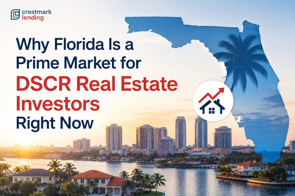 Florida DSCR real estate investing blog graphic featuring the state of Florida, waterfront skyline, palm trees, and Crestmark Lending branding.