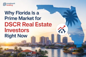 Florida DSCR real estate investing blog graphic featuring the state of Florida, waterfront skyline, palm trees, and Crestmark Lending branding.