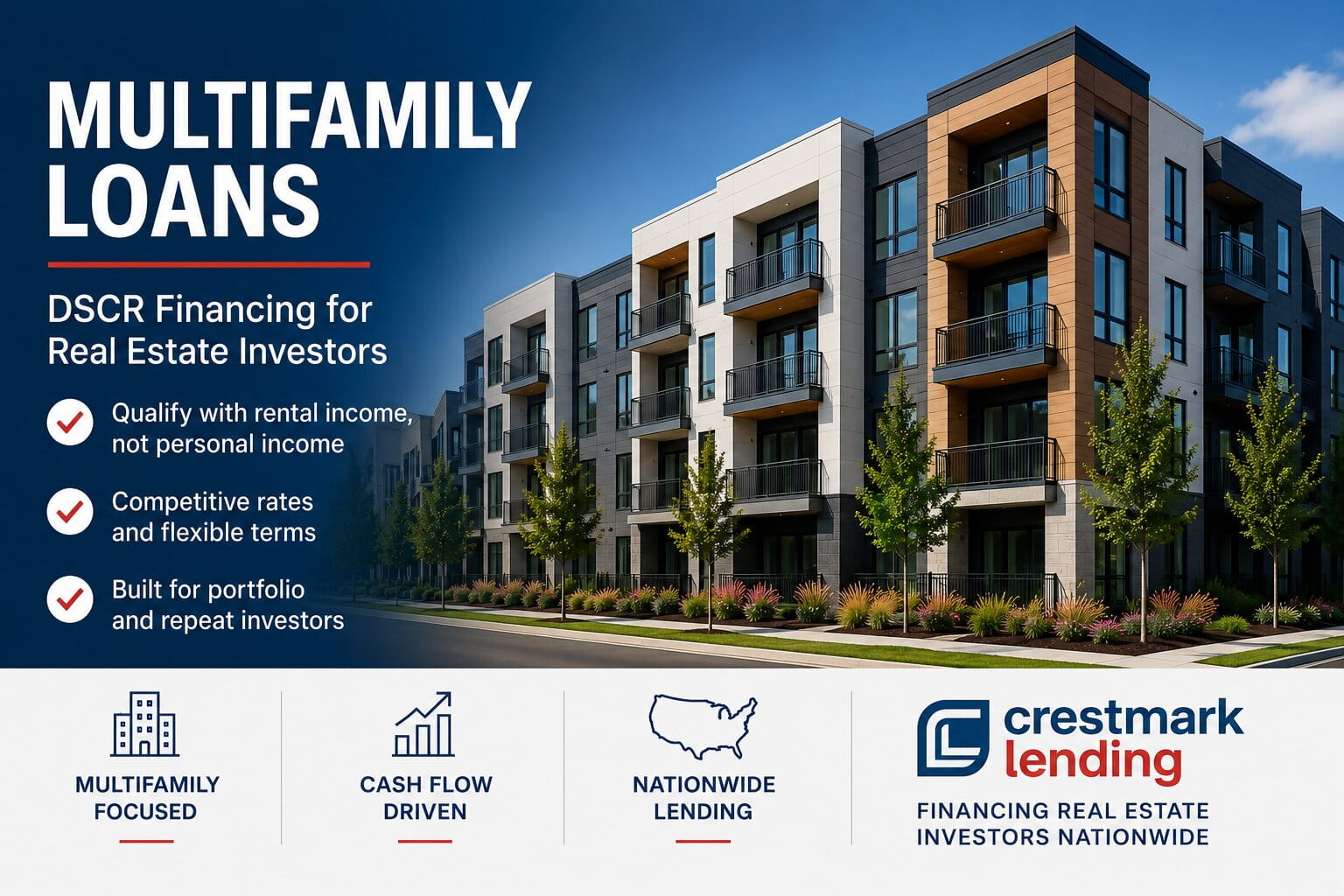 Multifamily DSCR loans for real estate investors with modern apartment building and Crestmark Lending branding